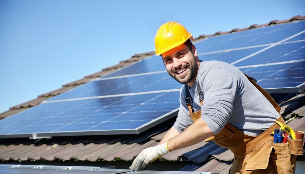 A happy homeowner installing solar panels with support from Investerra DEV A happy homeowner installing solar panels with support from Investerra DEV